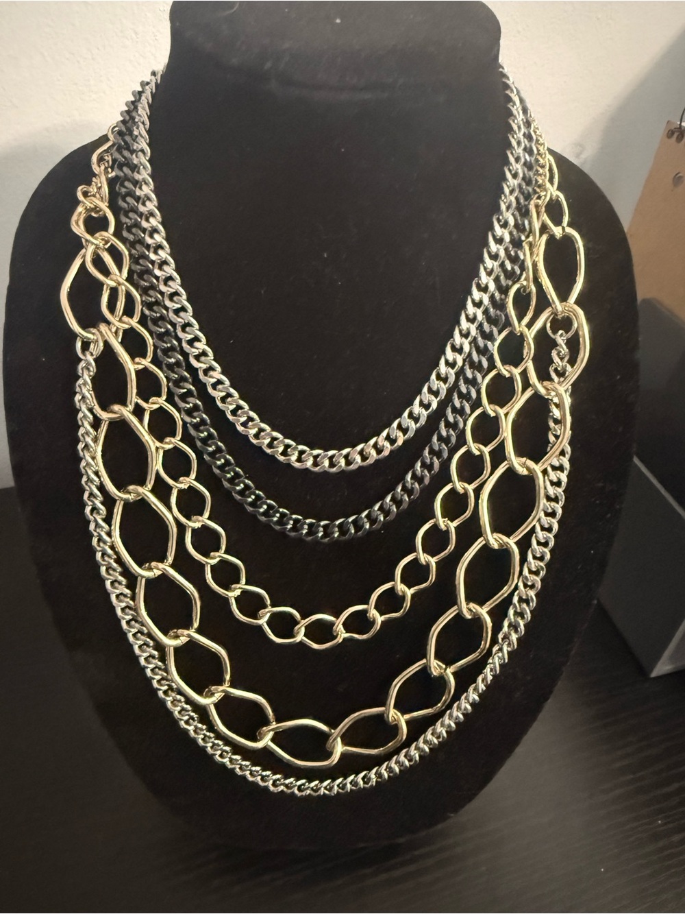 Multi-Strand Gold & Black Layered Chain Necklace